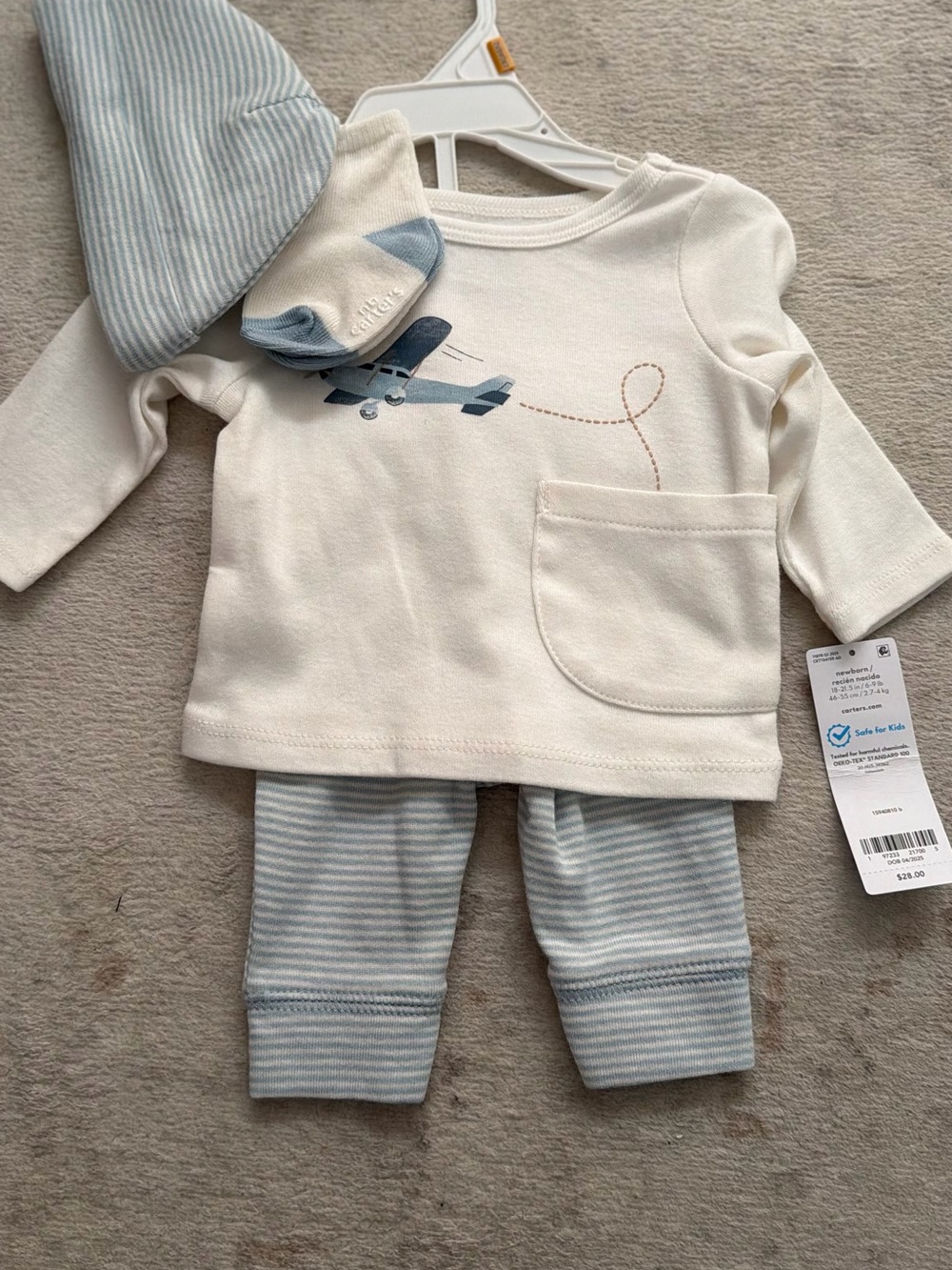 Cream & Light Blue Airplane Infant Pajama Set with Hat and Socks